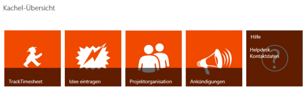 verschiedene Icons wie TrackTimesheet mit einem weißen Ampelmännchen auf rotem Hintergrund