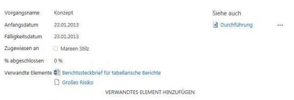 Dokumentenbibliothek die die Eigenschaften eines Dokuments anzeigt. Textfeld mit dem Titel "VERWANDTES ELEMENT HINZUFÜGEN"