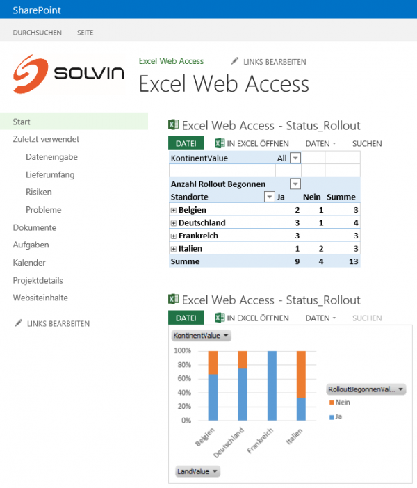 Excel Web Access mit den Optionen zur Anpassung des Status_Rollout