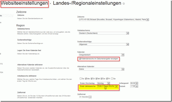 Anzeige der Kalenderwochen | Websiteeinstellungen - Landes-/Regionaleinstellungen mit Daten wie Zeitzone, Region ect.