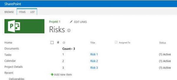 SharePoint Risks | Documentys mit Foldern: Tasks, Calendar, Project Details, Recent