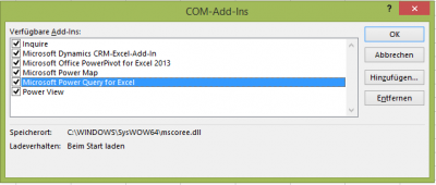 COM-Add-Ins Mit Liste der verfügbaren Add-Ins wie z.B. Inquire ect.