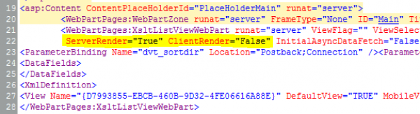 HTML Quellcode: ServerRender="True" ClientRender="False" ist markiert