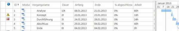 Tabelle mit verschiedenen Daten zu den Vorgangsnamen Analyse, Konzept, Durchführung, Abschluss und Ende