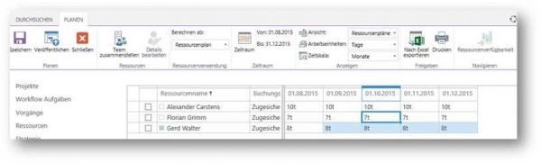 Ressourcenplan Projekte, Slider Planen