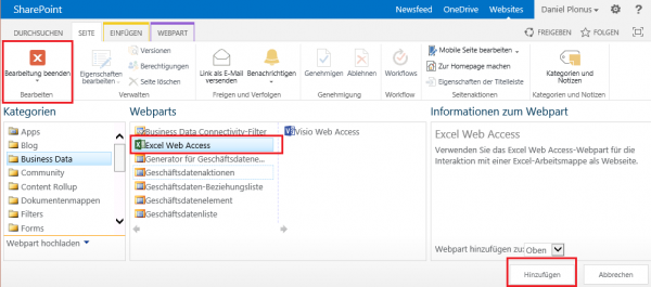 Bearbeitung beenden zu Excel Web Access und dann auf hinzufügen klicken | Informationen zum Webpart