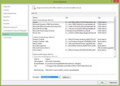 Excel Optionen auf Reiter Add-Ins | Ansicht mit verschiedenen Informationen