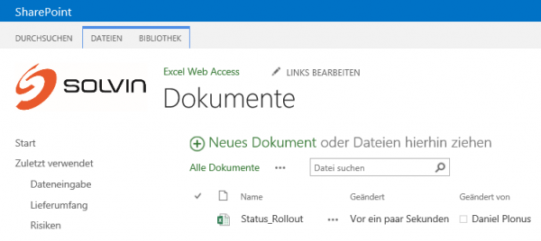 Sharepoint Dokument Solvin | Option der Erstellung eines neuen Dokuments