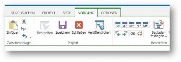 Vorgang und Optionen auf der Projektdetailseite Terminplan im Menüband Vorgang