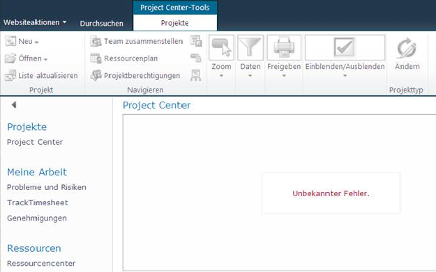 Fehlermeldung im Project Center, Microsoft Project Server 