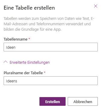 Neue Tabelle erstellen