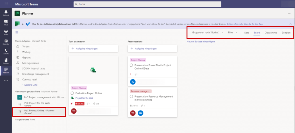 Planner App für Teams Filter- und Gruppierungsmöglichkeiten