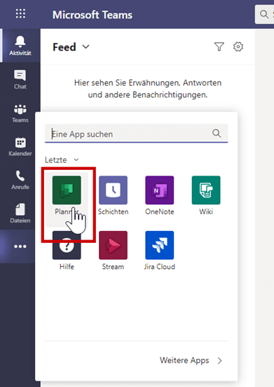 Planner App für Teams öffnen