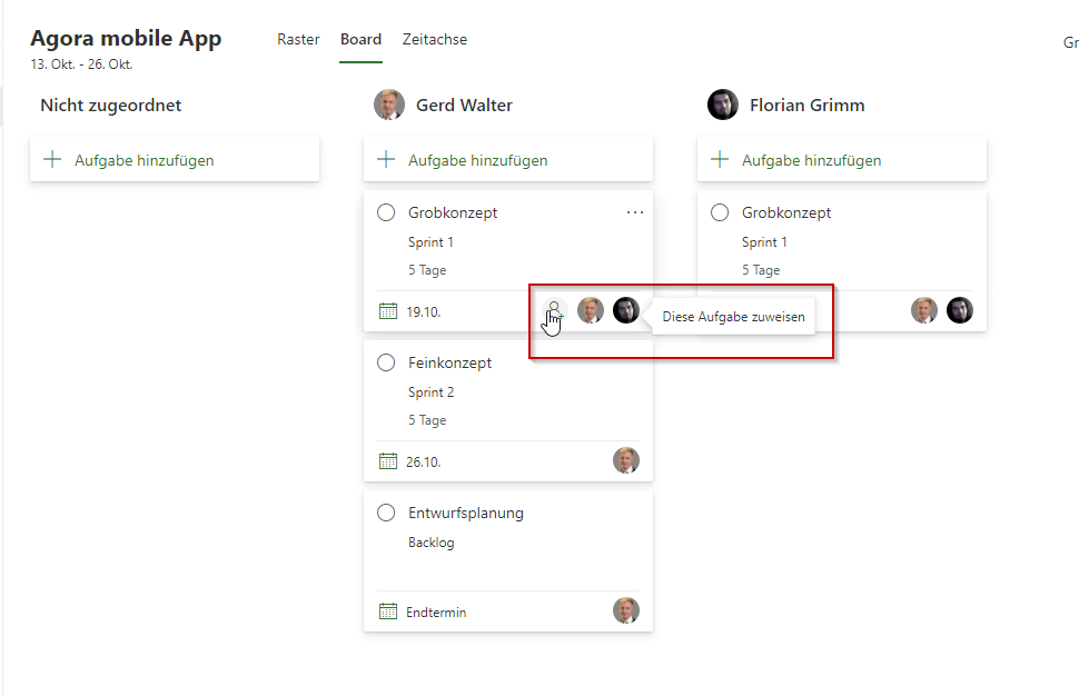 Board-Ansicht in Project for the web Aufgabe einem weiteren Mitglied zuweisen