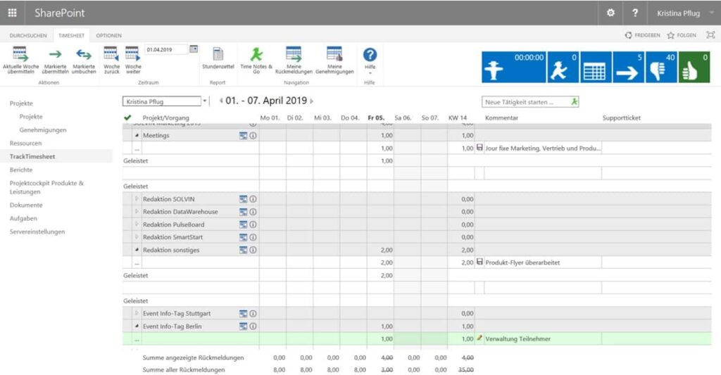 SOLVIN TrackTimesheet Beispielansicht zentrales Timesheet