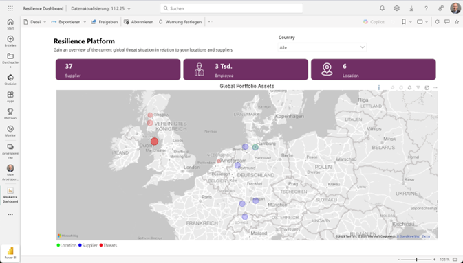Beispielhafte Darstellung aus der SOLVIN Resilience Platform, Lieferanten, Standorte, Krisen